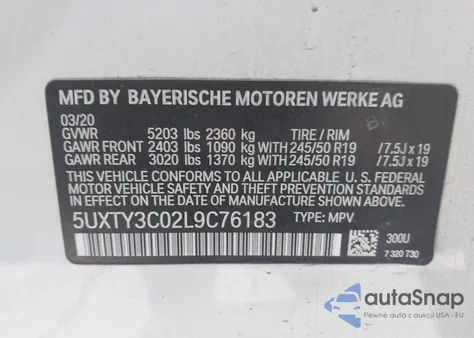 2020 BMW X3 Sdrive30I z USA, uszkodzony, nr VIN 5UXTY3C02L9C76183